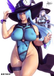 Rule 34 | artnip, blue hair, breasts, clothes, hat, huge breasts, looking at viewer, nipples, pubic hair, pussy, revealing clothes, thighhighs, transparent, witch hat