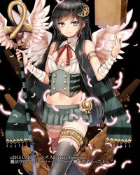 Rule 34 | 1girl, ankh, armband, bad id, bad twitter id, bandages, black hair, black thighhighs, blue eyes, blush, breasts, cleavage, copyright request, crescent, crescent hair ornament, earrings, feathers, groin, hair ornament, highres, jewelry, long hair, looking at viewer, navel, original, small breasts, smile, solo, staff, thighhighs, tsukiriran, very long hair, white wings, wings