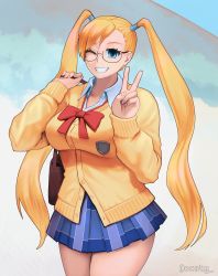 Rule 34 | 1girl, ;d, asymmetrical bangs, bare legs, bespectacled, black-framed eyewear, blonde hair, blue eyes, blue skirt, bow, breasts, briefcase, cardigan, cosplay, crest, fingernails, galko, galko (cosplay), glasses, highres, large breasts, legs together, long hair, looking at viewer, ocatg, one eye closed, open mouth, oshiete! galko-chan, partially unbuttoned, plaid, plaid skirt, rainbow mika, red bow, red neckwear, school briefcase, semi-rimless eyewear, skirt, smile, solo, standing, street fighter, thighs, twintails, twitter username, under-rim eyewear, v, very long hair, yellow cardigan