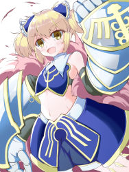 Rule 34 | 1girl, 966982, armored gloves, blonde hair, blue bow, blue skirt, blush, bow, collar, flat chest, gauntlets, mika returna, open mouth, short twintails, skirt, smile, smoke, solo, twintails, under night in-birth, yellow eyes