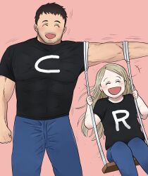 Rule 34 | 1boy, 1girl, :d, ^ ^, abs, aged up, beard, black shirt, black sleeves, blonde hair, blue pants, breasts, brown hair, child, chris redfield, clacorochamodon, clenched hand, closed eyes, closed mouth, commentary request, denim, facial hair, highres, jeans, light blush, long hair, muscular, muscular male, open mouth, pants, pink background, resident evil, resident evil village, rosemary winters, see-through, shirt, short hair, sitting, small breasts, smile, standing, swing, swinging, upper body
