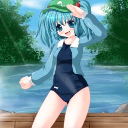Rule 34 | 1girl, blue dress, blue eyes, breasts, dress, covered erect nipples, female focus, hair bobbles, hair ornament, hat, jacket, kawashiro nitori, one-piece swimsuit, open mouth, riku (rikkuru), school swimsuit, small breasts, smile, solo, swimsuit, swimsuit under clothes, touhou, twintails, two side up, water