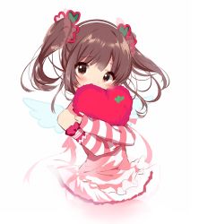 Rule 34 | 1girl, brown eyes, brown hair, caracorn, covered mouth, hairband, head tilt, heart, heart-shaped pillow, idolmaster, idolmaster cinderella girls, long hair, looking at viewer, hugging object, pillow, pillow hug, simple background, solo, twintails, white background, white hairband, wings