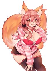 Rule 34 | 10s, 1girl, :d, adjusting hair, animal ear fluff, animal ears, bikini, bikini top only, black shorts, black thighhighs, blush, bow, bow bikini, breasts, brown eyes, cleavage, cowboy shot, fate/extra, fate (series), fox ears, fox tail, hair between eyes, hair ornament, hair scrunchie, jacket, large breasts, large tail, leaning forward, long hair, long sleeves, looking at viewer, low twintails, official alternate costume, open clothes, open jacket, open mouth, osiimi, partially unzipped, pink bikini, pink hair, pocket, scrunchie, shorts, simple background, smile, solo, standing, striped clothes, striped jacket, swimsuit, tail, tamamo (fate), tamamo no mae (fate/extra), tamamo no mae (spring casual) (fate), thighhighs, twintails, white background, white bow, zipper