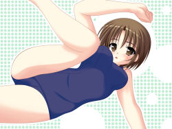 Rule 34 | 1girl, barefoot, blue one-piece swimsuit, blush, breasts, brown eyes, brown hair, green background, large breasts, leg up, looking at viewer, lying, one-piece swimsuit, open mouth, polka dot, polka dot background, school uniform, short hair, swimsuit, two-tone background, white background