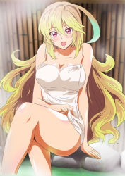 Rule 34 | 1girl, :d, ahoge, alternate costume, arm support, bare shoulders, blonde hair, blush, breasts, cleavage, collarbone, green hair, large breasts, long hair, looking at viewer, milla maxwell, multicolored hair, naked towel, official style, onsen, open mouth, pink eyes, rock, shiny skin, sitting, sitting on rock, smile, solo, tales of (series), tales of xillia, tales of xillia 2, thighs, towel, two-tone hair, very long hair, wading, washizuka shou, water, white towel