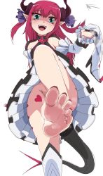 Rule 34 | 1girl, barefoot, boots, elizabeth bathory (fate), fangs, fate/grand order, fate (series), feet, female focus, foot focus, from below, green eyes, high heel boots, high heels, highres, holding, holding shoes, knee boots, leg up, long hair, looking at viewer, no panties, open mouth, pointy ears, pov, preesoul, red hair, shoes, unworn shoes, simple background, single shoe, smell, smile, soles, solo, standing, standing on one leg, steam, toes, white background