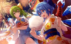 Rule 34 | 2girls, ascot, blue bow, blue eyes, blue hair, blue sash, blue skirt, blue vest, bow, cirno, cirno (yukata), closed mouth, collared shirt, cotton candy, crumbs, daiyousei, eyelashes, fairy, fairy wings, festival, fingernails, fireworks, floral print, flower knot, food, food request, food stand, game cg, green eyes, green hair, hair bow, holding, holding food, ice, ice wings, japanese clothes, kimono, lantern, light blush, long hair, long sleeves, looking at another, miniskirt, multiple girls, necomi, night, night sky, obi, official alternate costume, official art, open mouth, outdoors, paper lantern, plaid sash, puffy short sleeves, puffy sleeves, sash, shaved ice, shirt, short hair, short sleeves, side ponytail, skirt, skirt set, sky, smile, spoon, sunflower print, touhou, touhou cannonball, vest, white kimono, white shirt, wide sleeves, wings, yellow ascot, yellow bow, yukata