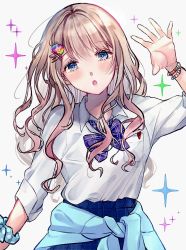 Rule 34 | 1girl, aqua scrunchie, armlet, bead bracelet, beads, blue cardigan, blue eyes, blue skirt, bow, bracelet, cardigan, cardigan around waist, chestnut mouth, clothes around waist, colored eyelashes, gyaru, highres, idolmaster, idolmaster shiny colors, jewelry, light brown hair, lion hair ornament, long hair, long sleeves, looking at viewer, nihe p, pen in pocket, plaid, plaid bow, plaid skirt, pleated skirt, pocket, purple bow, rainbow hair ornament, school uniform, scrunchie, serizawa asahi, shirt, skirt, sleeves past elbows, sleeves rolled up, solo, star (symbol), white background, white shirt