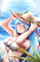 Rule 34 | 1girl, absurdres, alternate costume, armpits, bangle, bare arms, bare shoulders, beach, bikini, blue hair, blue sky, blush, bracelet, breasts, cleavage, closed mouth, cloud, day, flower, front-tie top, girls&#039; frontline, hair between eyes, hand on headwear, hat, head tilt, highres, jewelry, kb-5, large breasts, leaf, long hair, looking at viewer, navel, outdoors, rose, sand, see-through, signature, sky, smile, solo, stomach, sun hat, swimsuit, tar-21 (girls&#039; frontline), upper body, very long hair, water drop, waves, wet, yellow eyes