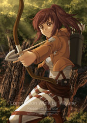 Rule 34 | 1girl, arrow (projectile), artist name, bow (weapon), brown eyes, brown hair, brown jacket, closed mouth, commentary request, day, drawing bow, english text, holding, holding bow (weapon), holding weapon, hood, hood down, hooded jacket, jacket, long sleeves, open clothes, open jacket, outdoors, pants, quiver, sasha blouse, shingeki no kyojin, shirt, side ponytail, solo, tree, v-shaped eyebrows, villyane, watermark, weapon, web address, white pants, white shirt