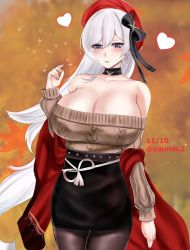 Rule 34 | aran sweater, artist name, azur lane, belfast (azur lane), belfast (shopping with the head maid) (azur lane), beret, black legwear, breasts, brown sweater, cable knit, choker, cleavage, earrings, hat, heart, highres, hoop earrings, huge breasts, jewelry, long hair, long sleeves, looking at viewer, nail polish, off-shoulder sweater, off shoulder, parted lips, paundo2, pencil skirt, red hat, red nails, ring, shawl, silver hair, skirt, solo, sweater, very long hair, wedding band