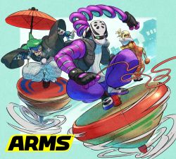 Rule 34 | 1girl, 2018, 2boys, aqua background, arms (game), beanie, blonde hair, chain, domino mask, food, goggles, green eyes, green hair, hat, helmet, highres, japanese clothes, kid cobra, kimono, long hair, looking at viewer, male focus, mask, min min (arms), multiple boys, new year, ninjara (arms), noodles, ponytail, short hair, simple background, smile