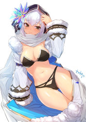 Rule 34 | 1girl, absurdres, arm support, arpeggio kaga, bikini, black bikini, breasts, brown eyes, cape, check copyright, cleavage, closed mouth, commission, copyright request, flower, fur trim, hair flower, hair ornament, hand up, highres, hood, large breasts, long sleeves, looking at viewer, navel, original, short hair, shrug (clothing), simple background, sitting, skeb commission, solo, stomach, strapless, strapless bikini, swimsuit, thigh gap, thighs, white background, white hair, yokozuwari