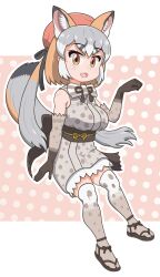 Rule 34 | 1girl, animal ears, bare shoulders, bow, bowtie, brown eyes, elbow gloves, extra ears, fox ears, fox girl, fox tail, gloves, grey hair, hat, highres, island fox (kemono friends), japanese clothes, kemono friends, kemono friends v project, kimono, kneehighs, long hair, looking at viewer, open mouth, orange hair, ribbon, sandals, simple background, socks, solo, tail, tsushima leopard cat (kemono friends), twintails, virtual youtuber, waffle (3sqxhfadeegfiux), zouri