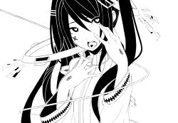 Rule 34 | 1girl, audio jack, bare shoulders, cable, clenched hand, detached sleeves, facial hair, greyscale, hair between eyes, hair ornament, hand on own face, hatsune miku, hatsune miku (append), heart, heart-shaped pupils, long hair, looking at viewer, monochrome, open mouth, scar, scar on hand, shirt, solo, symbol-shaped pupils, tongue, tongue out, tongue tattoo, tsunotsuki (uguisu maccha), twintails, very long hair, vocaloid, vocaloid append