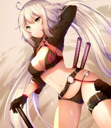Rule 34 | :d, ahoge, armpits, belt, bikini, breasts, cleavage, cowboy shot, fate (series), grey hair, groin tendon, hand in own hair, highres, jeanne d&#039;arc alter (swimsuit berserker) (fate), jeanne d&#039;arc (fate), jeanne d&#039;arc alter (fate), jeanne d&#039;arc alter (swimsuit berserker) (fate), katana, large breasts, long hair, o-ring, o-ring belt, o-ring bikini, open mouth, pixiv fate/grand order contest 1, shrug (clothing), smile, swimsuit, sword, thigh strap, very long hair, weapon, yellow eyes, yuniiho