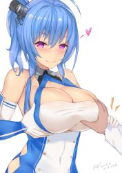 Rule 34 | 1boy, 1girl, ahoge, azur lane, bare shoulders, blue hair, blush, grabbing another&#039;s breast, breasts, cleavage, cleavage cutout, closed mouth, clothing cutout, commander (azur lane), covered navel, dated, elbow gloves, gloves, grabbing, groping, guided breast grab, guiding hand, hair between eyes, headgear, heart, heart-shaped pupils, hetero, holding another&#039;s wrist, kuavera, large breasts, long sleeves, looking at viewer, ponytail, purple eyes, short hair with long locks, sidelocks, signature, simple background, st. louis (azur lane), symbol-shaped pupils, twitter username, upper body, white background