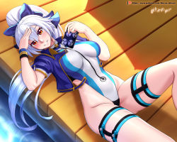 Rule 34 | 1girl, adapted costume, blue bow, blue jacket, blue one-piece swimsuit, blush, bow, breasts, cellphone, competition swimsuit, cropped jacket, fate/grand order, fate (series), hair between eyes, hair bow, highleg, highleg swimsuit, highres, holding, holding phone, jacket, long hair, medium breasts, mitsudomoe (shape), multicolored clothes, multicolored swimsuit, one-piece swimsuit, open clothes, open jacket, patreon username, phone, ponytail, red eyes, shadow, silver hair, smartphone, smile, solo, striped clothes, striped one-piece swimsuit, swimsuit, thigh strap, tomoe (symbol), tomoe gozen (fate), tomoe gozen (swimsuit saber) (fate), tomoe gozen (swimsuit saber) (first ascension) (fate), very long hair, vilde loh hocen, watermark, web address, white one-piece swimsuit, wristband
