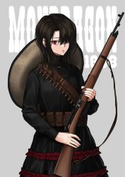 Rule 34 | 1girl, alternate costume, ammunition pouch, bandolier, black hair, black shirt, black skirt, brown hat, bullet, closed mouth, commentary, english commentary, frilled skirt, frills, girls&#039; frontline, grey background, gun, gun sling, hair over one eye, hat, hat on back, holding, holding gun, holding weapon, long hair, long sleeves, looking at viewer, mondragon m1908 (girls&#039; frontline), mondragon rifle, name connection, object namesake, pouch, red eyes, shirt, skirt, solo, text background, tomozuru, weapon