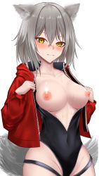 Rule 34 | 1girl, animal ears, arknights, blush, breasts, breasts out, collarbone, covered navel, cowboy shot, grey hair, hair between eyes, highleg, highleg swimsuit, highres, jacket, large breasts, looking at viewer, nipples, official alternate costume, open clothes, open jacket, open swimsuit, projekt red (arknights), projekt red (light breeze) (arknights), red jacket, short hair, simple background, solo, sweat, swimsuit, tail, tokumeikibo, unzipped, white background, wolf ears, wolf girl, wolf tail