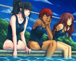 Rule 34 | 3girls, :&lt;, amputee, black hair, blue one-piece swimsuit, blunt bangs, blush, breasts, brown eyes, caustics, cloud, collarbone, contrail, covered navel, dark-skinned female, dark skin, day, double amputee, eyes visible through hair, fence, freckles, frown, gammatelier, green eyes, hair between eyes, head rest, high ponytail, legs together, long hair, looking at another, medium breasts, mole, mole under eye, motion lines, multiple girls, one-piece swimsuit, open mouth, original, outdoors, partially submerged, pool, red hair, scar, school swimsuit, short hair, side-by-side, sitting, sky, smile, swimsuit, tree, water, yellow eyes