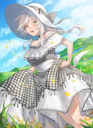 Rule 34 | 1girl, absurdres, alternate costume, animal ears, bare shoulders, black choker, black dress, bow, braid, checkered bow, checkered clothes, checkered dress, choker, cloud, day, dress, ears through headwear, field, french braid, grey eyes, grey hair, hair between eyes, hat, highres, holding, holding clothes, holding dress, hololive, huge filesize, lace, lace-trimmed dress, lace trim, lion ears, lion girl, long hair, looking at viewer, off-shoulder dress, off shoulder, open mouth, outdoors, shishiro botan, sidelocks, sky, smile, solo, sun hat, sushida0k, twitter username, two-tone dress, virtual youtuber, white dress, white hat, wind