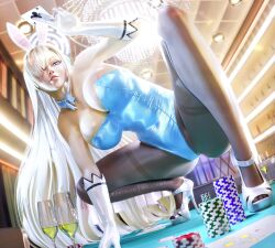 Rule 34 | 1girl, 3d, absurdres, ace (playing card), ace of clubs, animal ears, aqua leotard, asuna (blue archive), asuna (bunny) (blue archive), asymmetrical bangs, bare shoulders, blonde hair, blue archive, blue bow, blue bowtie, blue eyes, blue leotard, bow, bowtie, breasts, card, casino, casino card table, champagne flute, chandelier, cleavage, club (shape), covered navel, cup, detached collar, drinking glass, fake animal ears, gambling, gloves, hair over one eye, half-closed eyes, halo, high heels, highleg, highleg leotard, highres, indoors, large breasts, leotard, long hair, looking at viewer, mika dawn, mole, official alternate costume, on table, pantyhose, playboy bunny, playing card, poker chip, poker table, rabbit ears, smile, solo, spread legs, squatting, strapless, strapless leotard, table, thighband pantyhose, white gloves