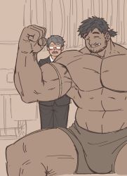 Rule 34 | 2boys, bara, bare pectorals, black hair, blush, boxers, bulge, dobito mn, facial hair, fangs, feet out of frame, flexing, formal, giant, giant male, glasses, grey hair, highres, large pectorals, male focus, male underwear, manly, measuring, multiple boys, muscular, mustache, orc, original, pectorals, short hair, size difference, stubble, suit, tape measure, thick thighs, thighs, underwear, underwear only