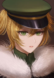 Rule 34 | 1girl, blonde hair, brown background, closed mouth, commentary, daiba nana, expressionless, eyelashes, filha, fur trim, gradient background, green eyes, green hat, green jacket, hair between eyes, hat, highres, jacket, looking at viewer, military, military hat, military uniform, official alternate costume, peaked cap, portrait, shade, short hair, short twintails, shoujo kageki revue starlight, solo, twintails, uniform