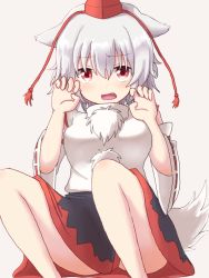 Rule 34 | 1girl, animal ears, bare shoulders, black skirt, claw pose, dadamori, detached sleeves, fang, female focus, foot out of frame, grey background, grey hair, hat, inubashiri momiji, looking at viewer, multicolored clothes, multicolored skirt, open mouth, pom pom (clothes), red eyes, red hat, red skirt, ribbon-trimmed sleeves, ribbon trim, shirt, simple background, skirt, sleeveless, sleeveless shirt, solo, tail, tassel, tokin hat, touhou, turtleneck, white shirt, wolf ears, wolf girl, wolf tail