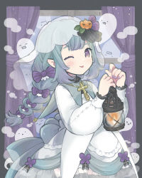 Rule 34 | 1girl, blush, bow, braid, collared dress, cross, cross necklace, curtains, dress, fire, fire, ghost, green hair, hair bow, highres, holding, holding lantern, jewelry, lantern, long hair, long sleeves, looking at viewer, nail polish, necklace, one eye closed, original, puffy long sleeves, puffy sleeves, purple eyes, shamo3, smile, smoke, solo, stitched neck, stitches, tongue, tongue out, veil, window
