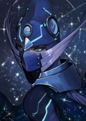 Rule 34 | 1boy, armor, blue eyes, blue hair, cape, covered mouth, duel monster, fishfall, glass, glowing, glowing armor, helmet, highres, male focus, mask, medium hair, reflection, shooting star, sky, slit pupils, solo, space, sparkle, star (sky), star (symbol), starry sky, yu-gi-oh!
