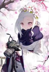 Rule 34 | 1girl, absurdres, blue archive, blush, camera, canon (company), cherry blossoms, commentary, flower, fur-trimmed kimono, fur trim, grey hair, grin, hair flower, hair ornament, halo, highres, holding, holding camera, japanese clothes, kimono, kongtoulaotou, long hair, long sleeves, mutsuki (blue archive), obi, official alternate costume, pink flower, pink halo, purple eyes, sash, smile, solo, symbol-only commentary, upper body, white kimono, wide sleeves