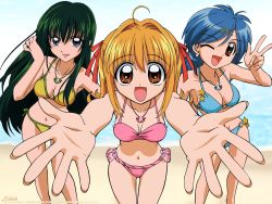 Rule 34 | 00s, 2004, 3girls, :d, ;d, ahoge, bare legs, bare shoulders, beach, bikini, black eyes, blonde hair, blue bikini, blue hair, breasts, brown eyes, cleavage, collarbone, contrapposto, earrings, female focus, fingernails, foreshortening, green hair, hair between eyes, hair intakes, hair ornament, hair ribbon, tucking hair, hairclip, happy, head tilt, highres, hip focus, houshou hanon, jewelry, legs, long hair, looking at viewer, mermaid melody pichi pichi pitch, midriff, multiple girls, nanami lucia, navel, necklace, o-ring, o-ring bottom, o-ring top, official art, official wallpaper, one eye closed, open hand, open hands, open mouth, orange eyes, outdoors, outstretched arms, pink bikini, reaching, ribbon, sand, short hair, side-tie bikini bottom, smile, standing, star (symbol), swimsuit, text focus, thigh gap, thighs, touin rina, v, wallpaper, water, wink, yellow bikini