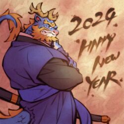 Rule 34 | 1boy, 2024, bara, beard, blonde hair, blue skin, chinese zodiac, colored skin, crossed arms, curly eyebrows, dragon boy, facial hair, feet out of frame, from side, full beard, happy new year, japanese clothes, kimono, korean commentary, looking at viewer, makumoon, male focus, mature male, mustache, new year, nipples, old, old man, original, samurai, sheath, sheathed, solo, standing, tail, thick beard, thick eyebrows, wrinkled skin, year of the dragon