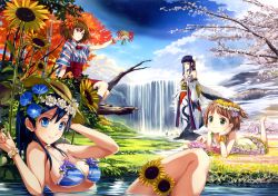 Rule 34 | 4girls, absurdres, autumn leaves, bare shoulders, barefoot, bellflower, bikini, bird, black eyes, black hair, blue eyes, blue hair, blue legwear, blue sky, blunt bangs, breasts, brown hair, camellia, cherry blossoms, cleavage, clover (flower), dandelion, day, dress, ekusa takahito, flower, flower bracelet, furisode, green eyes, hair flower, hair ornament, hand on own cheek, hand on own face, hands on own chest, hat, head wreath, highres, holding, holding flower, huge filesize, japanese clothes, kimono, leaf hair ornament, lying, medium breasts, morning glory, multiple girls, obi, on stomach, one side up, original, outstretched hand, partially submerged, purple eyes, sash, scan, seasons, short hair, sitting, sky, smile, spider lily, strap gap, straw hat, striped bikini, striped clothes, sunflower, swimsuit, water, waterfall, wings