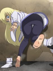 Rule 34 | 1girl, absurdres, ass, barefoot, blonde hair, blue eyes, boots, unworn boots, colette brunel, crack, cracked floor, cracked wall, feet, foot focus, foot up, from behind, full body, highres, long hair, looking at viewer, looking back, meteorreb0rn, pantyhose, pantylines, pov, pov hands, shadow, skirt, soles, solo focus, standing, standing on one leg, sweat, tales of (series), tales of symphonia, thigh gap, thighs, through wall, tiptoes, toes, upskirt, very long hair, white skirt, wide-eyed