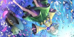 Rule 34 | 1girl, barefoot, black hat, blouse, bubble, buttons, closed eyes, diamond button, floating hair, floral print, foot out of frame, frilled shirt collar, frilled sleeves, frills, green hair, green skirt, hat, hat loss, hat ribbon, heart, heart of string, highres, komeiji koishi, long sleeves, matanonki, medium hair, non-web source, official art, open mouth, petals, ribbon, rose petals, rose print, second-party source, shirt, sinking, skirt, solo, third eye, touhou, touhou lostword, underwater, wide sleeves, yellow ribbon, yellow shirt