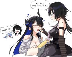 Rule 34 | 3girls, absurdres, adapted costume, animal request, aroused nosebleed, artist self-insert, asymmetrical horns, bare shoulders, black dress, black hair, blue hair, breasts, cleavage, closed eyes, clothing cutout, colored inner hair, corn, corn cob, demon horns, dress, exasperation, feeding, food, grey hair, halo, highres, holding, holding food, hololive, hololive english, horns, long hair, medium breasts, mole, mole under eye, multicolored hair, multiple girls, nerissa ravencroft, open mouth, popcorn, puff of air, red eyes, sexually suggestive, shiori novella, shirt, shoulder cutout, simple background, sitting, split-color hair, sweat, two-tone hair, uneven horns, very long hair, virtual youtuber, white background, white shirt, yellow eyes, yomosaka, yuri