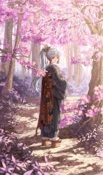 Rule 34 | 1girl, :d, alternate costume, ayaka (genshin impact), black kimono, blue eyes, blue hair, blunt bangs, cherry blossoms, forest, full body, genshin impact, hair ornament, hair ribbon, highres, japanese clothes, kimono, light blue hair, looking at viewer, looking back, nature, obi, okobo, open mouth, outdoors, own hands together, plant, platform clogs, ponytail, red ribbon, ribbon, sandals, sash, silence girl, smile, solo, tree, tress ribbon, white legwear, wide sleeves