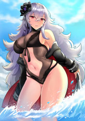 1girl, absurdres, angel lingxing, azur lane, bangs, black coat, black flower, black rose, black swimsuit, blue sky, breasts, casual one-piece swimsuit, cleavage, clothing cutout, coat, crossed bangs, eyebrows visible through hair, flower, fur-trimmed coat, fur trim, graf zeppelin (azur lane), graf zeppelin (beachside urd) (azur lane), highres, impossible clothes, impossible swimsuit, large breasts, long hair, looking at viewer, navel, navel cutout, official alternate costume, one-piece swimsuit, open clothes, open coat, red eyes, rose, silver hair, sky, solo, swimsuit, swimwear, taut clothes, taut swimsuit, very long hair, wading, water