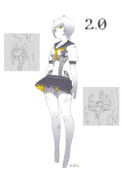 Rule 34 | 1girl, :/, arms at sides, barefoot, closed mouth, clothes writing, collarbone, concept art, crop top, cropped shirt, cyborg, expressionless, fingernails, full body, highres, liren44, looking at viewer, mechanical legs, mechanical spine, miniskirt, monochrome, multiple views, neckerchief, original, pleated skirt, sailor collar, science fiction, shirt, short hair, short sleeves, simple background, skirt, spot color, unfinished, yellow eyes, yellow neckerchief
