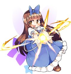 Rule 34 | 1girl, blue dress, boots, bow, brown eyes, brown footwear, brown hair, commentary request, dress, fairy, fairy wings, full body, hair bow, ini (inunabe00), light, long hair, magic, open mouth, outstretched arms, photokinesis, ribbon, smile, solo, star (symbol), star sapphire, touhou, transparent background, wings