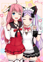 Rule 34 | 2girls, ;d, absurdres, ahoge, bare shoulders, blue eyes, blush, breasts, commentary request, detached collar, detached sleeves, dress, gloves, hand on shoulder, heart, highres, long hair, maid, maid headdress, multiple girls, one eye closed, open mouth, pink eyes, pink hair, pleated skirt, purple hair, red dress, ribbon, sailor collar, signature, skirt, small breasts, smile, thighhighs, thighs, twintails, virtual dimension project, virtual youtuber, white gloves, xiao tao, xiao xi, yuber.x, zettai ryouiki