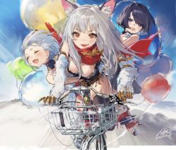 Rule 34 | 3girls, absurdres, animal ears, balloon, bicycle, bicycle basket, black hair, blue sky, breasts, cleavage, closed eyes, eyebrows hidden by hair, grey hair, highres, long hair, looking at viewer, medium breasts, messikid, multiple girls, open mouth, original, riding, riding bicycle, scarf, sky, smile, sunlight, white hair