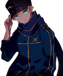 Rule 34 | 1boy, ahoge, arthur pendragon (fate), artoria pendragon (fate), bad id, bad pixiv id, baseball cap, blonde hair, blue eyes, blue hat, blue jacket, blue scarf, commentary request, cosplay, fate/grand order, fate/prototype, fate (series), hand on headwear, hand up, hat, hiiragi fuyuki, jacket, long sleeves, looking at viewer, male focus, mysterious heroine x (fate), mysterious heroine x (fate) (cosplay), scarf, simple background, smile, solo, upper body, white background