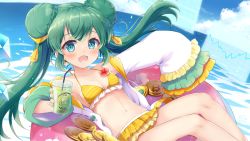 Rule 34 | 1girl, bikini, bikini skirt, bitcoin, blue eyes, blue sky, blush, braid, braided bun, character request, cloud, copyright request, cup, disposable cup, double bun, drinking straw, flower, frilled bikini, frilled sleeves, frills, green hair, hair bun, halterneck, hibiscus, holding, holding cup, innertube, jacket, layered sleeves, long hair, lying, navel, ocean, on back, open mouth, orange bikini, outdoors, sidelocks, sky, solo, stomach, striped bikini, striped clothes, swim ring, swimsuit, tougo, twintails, virtual youtuber, white jacket