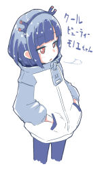 Rule 34 | 1girl, black hairband, commentary, cropped legs, grey jacket, hair behind ear, hairband, hands in pockets, highres, jacket, jitomi monoe, katzbeh, magnet, multicolored clothes, multicolored jacket, open mouth, short hair, simple background, solo, translated, two-tone jacket, virtual youtuber, voms, white background, white jacket