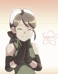 Rule 34 | 1girl, animated, animated gif, bare shoulders, black gloves, bow, brown hair, clapping, colorized, dated, doll joints, elbow pads, closed eyes, gloves, goggles, goggles on head, hair bow, happy, joints, junkpuyo, long hair, original, plume (junkpuyo), ponytail, sleeveless, smile, solo, zipper